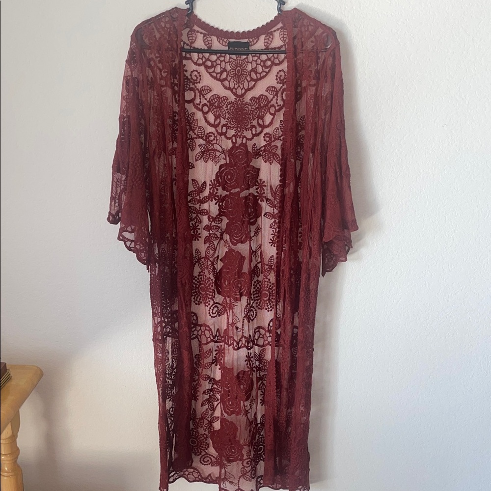 Shyanne intimissimi Burgundy Floral Lace Long Kimono